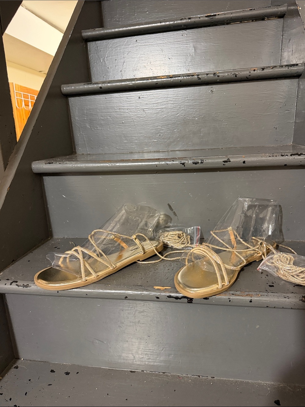 Womens Lace-Up Strappy Flat Sandals in Gold